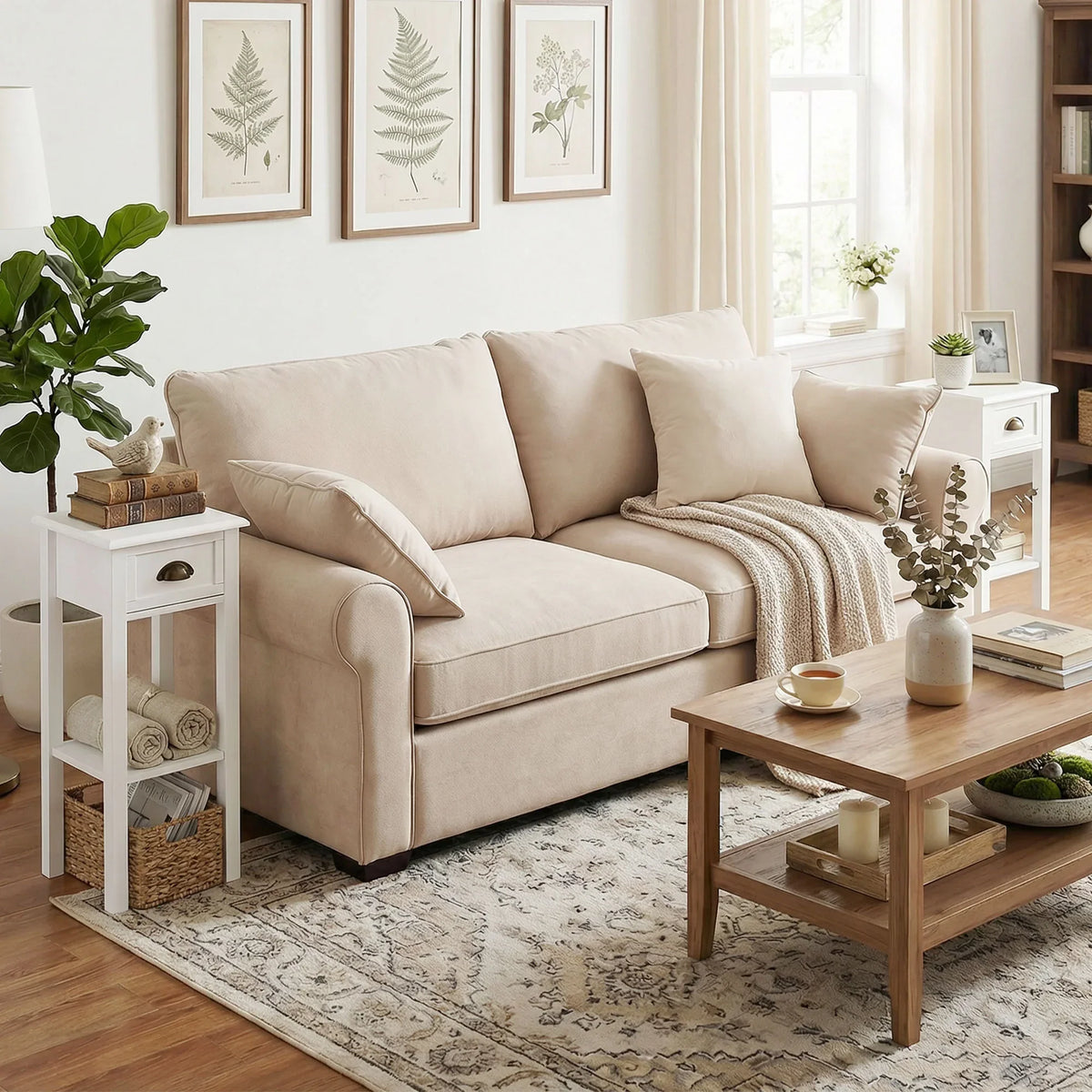 White two-tier bedside table set with drawer and open shelf beside a sofa