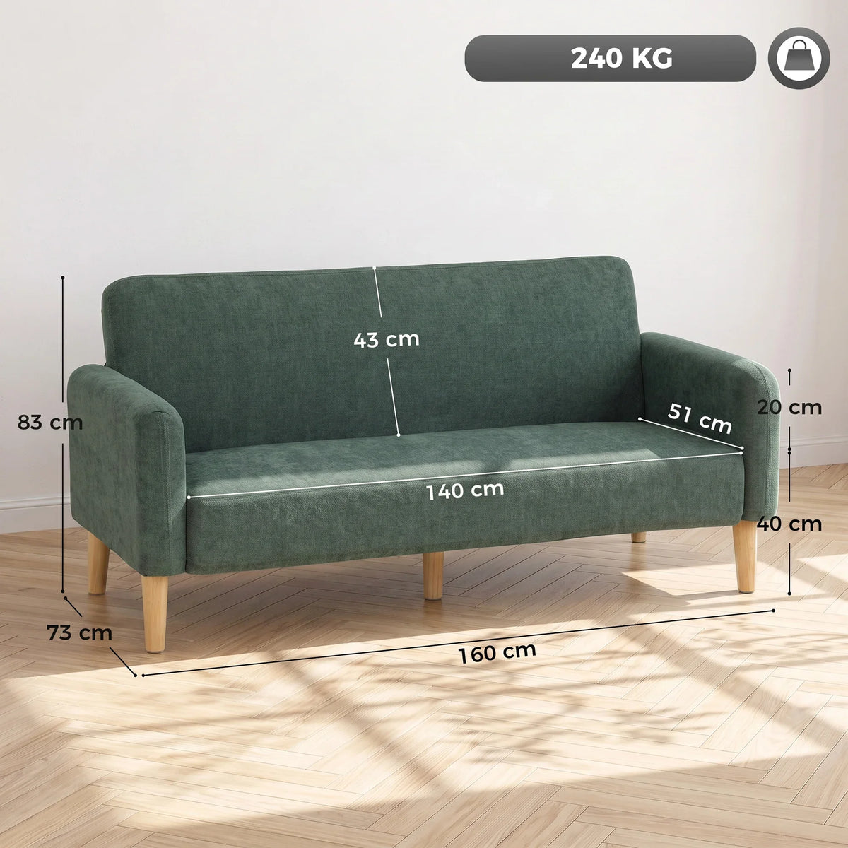 Dark green velvet 2-seater sofa with thick cushions, wide seat, and wooden legs
