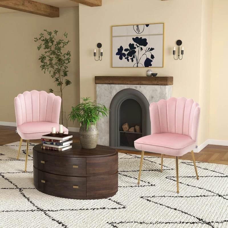 Set of 2 pink shell dining chairs with velvet upholstery and gold metal legs
