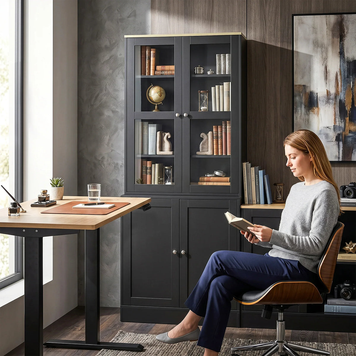 Black glass-door storage cabinet bookcase with shelving compartments