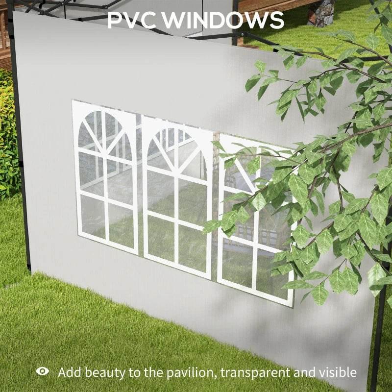 White gazebo side panel with arched PVC windows and see-through grid
