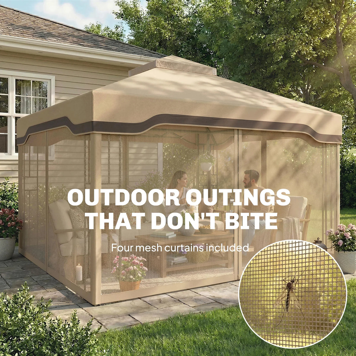 Outdoor gazebo with khaki canopy and mesh curtains, patio pavilion with open front