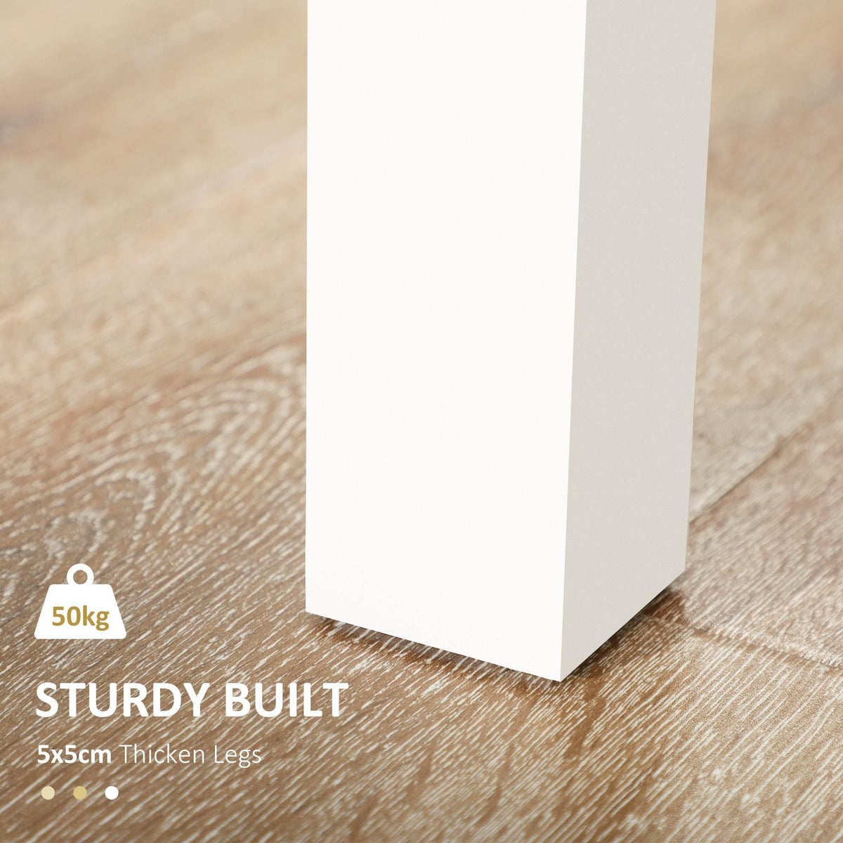 Sturdy dining table with thick white legs supporting a light wood top
