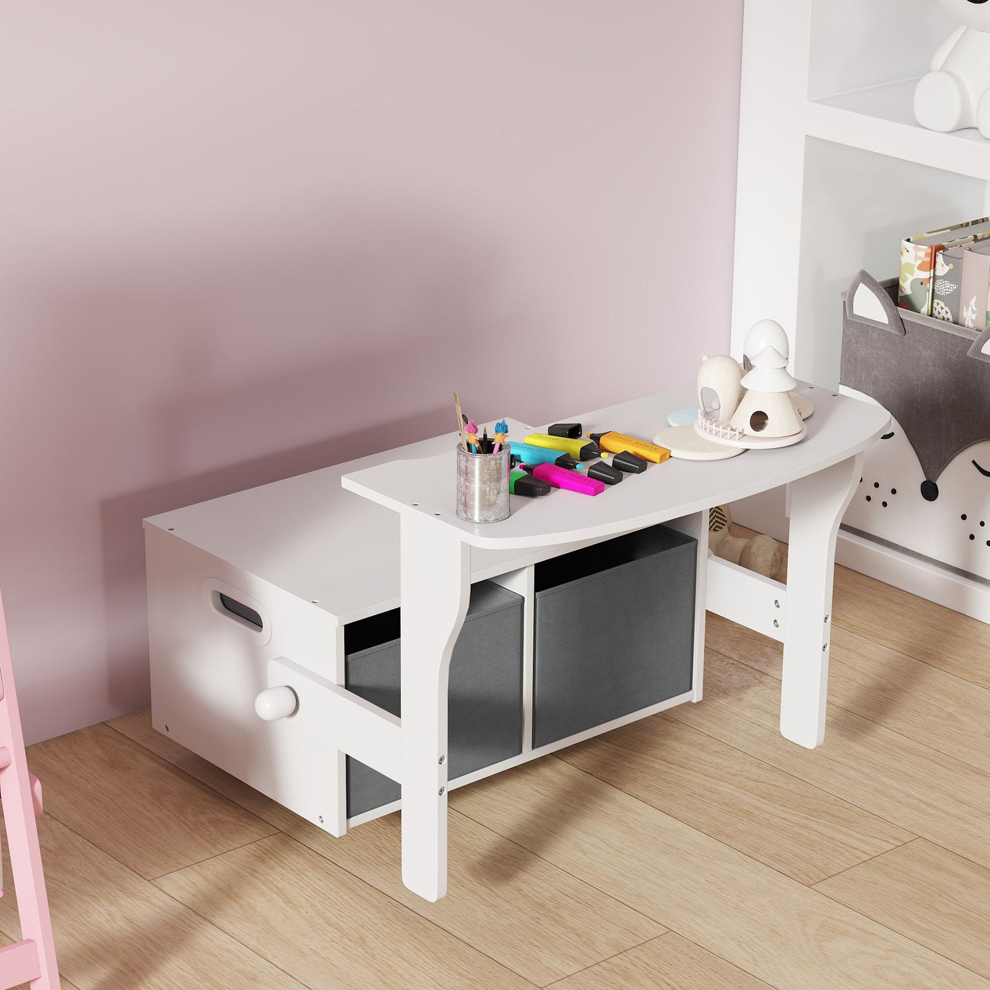 AIYAPLAY 3 In 1 Kids Storage Bench Table And Chair Set With 2 Fabric Bins Toy Storage Box White