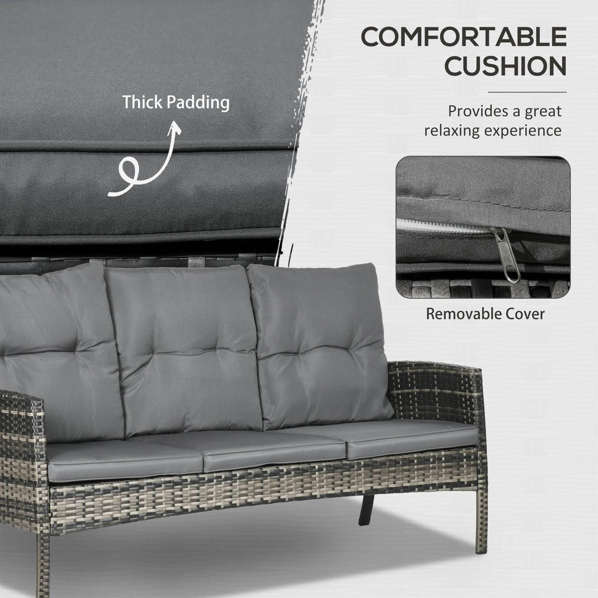 Thick gray cushion on rattan outdoor sofa with smooth, padded upholstery