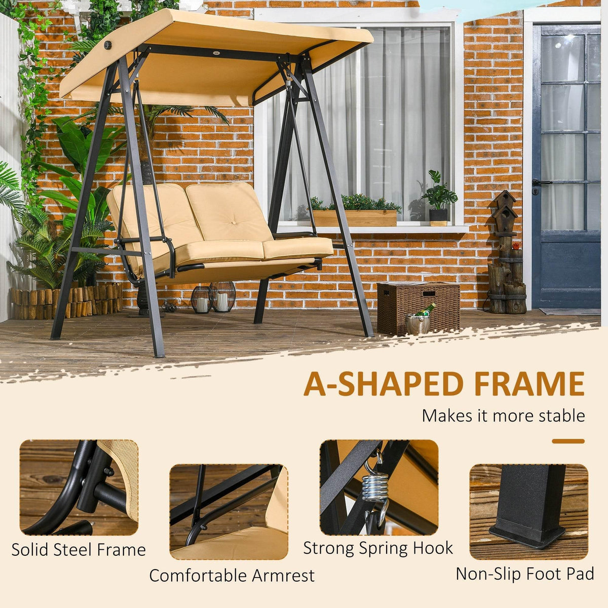 Beige two-person swing bench with adjustable canopy, black A-shaped frame, armrests
