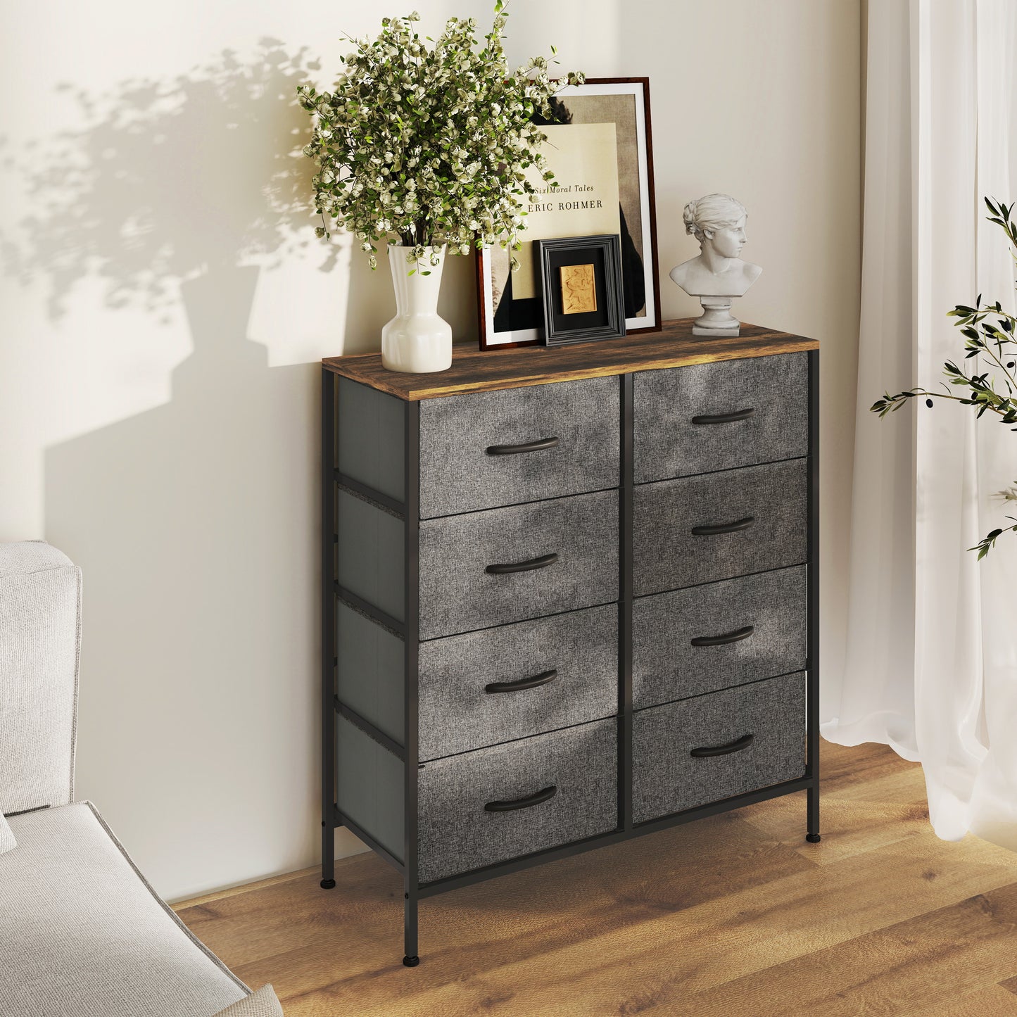 Fabric Chest Of Drawers With Eight Drawers Steel Frame With Wood Top Rustic Brown Grey For Bedroom Nursery Living Room