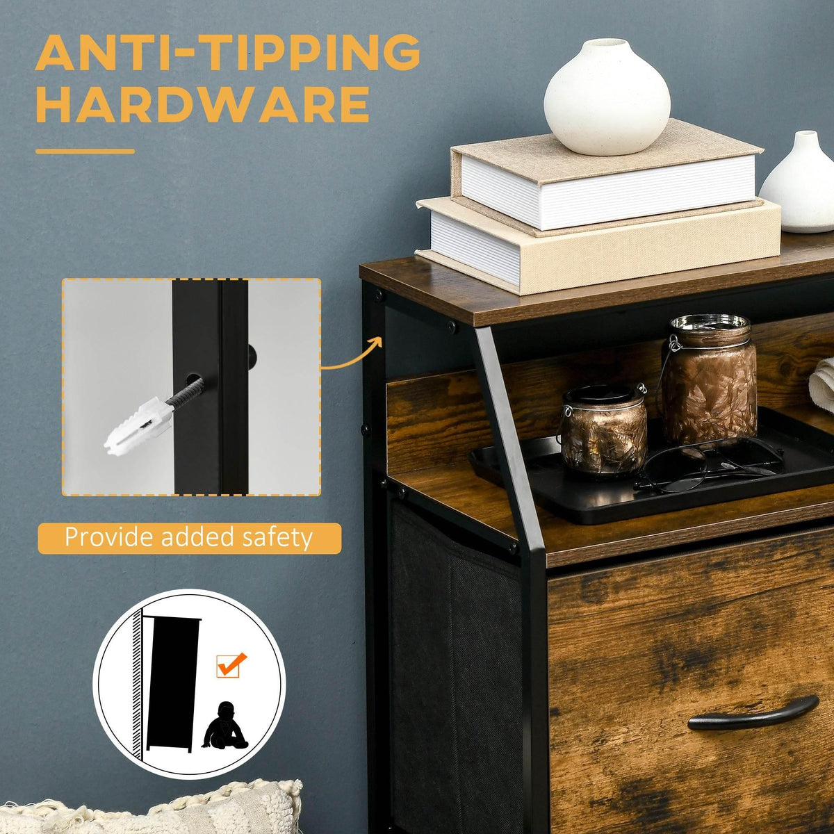 Industrial dresser side with rustic brown drawer fronts, black metal frame, anti-tip hardware.