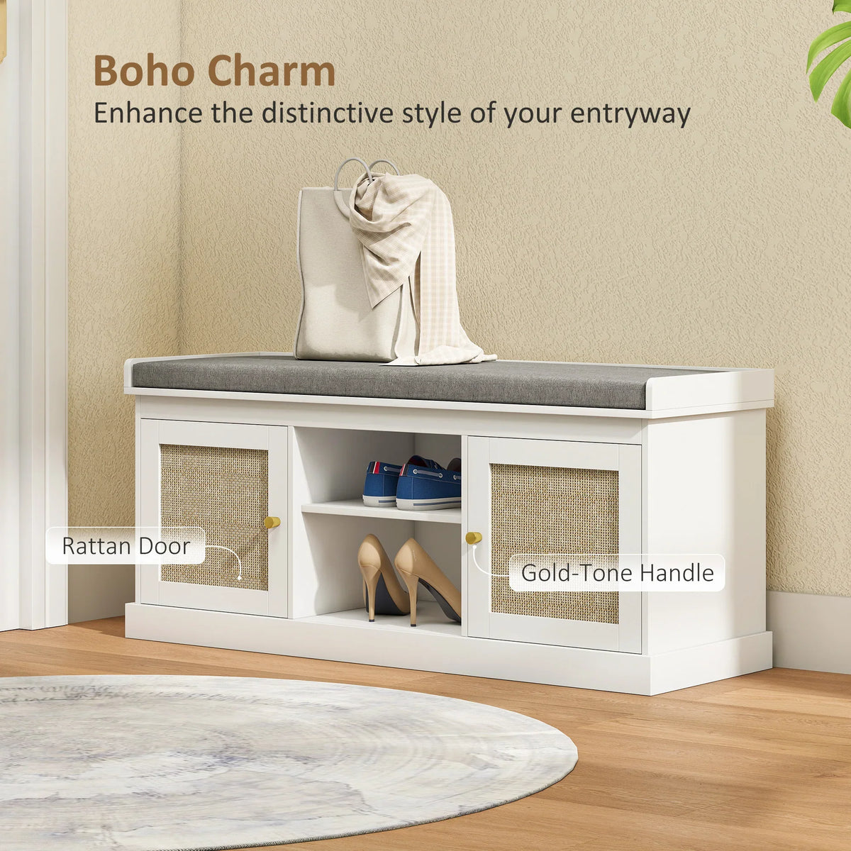 White entryway shoe storage bench with gray padded top, rattan doors, gold-tone handles