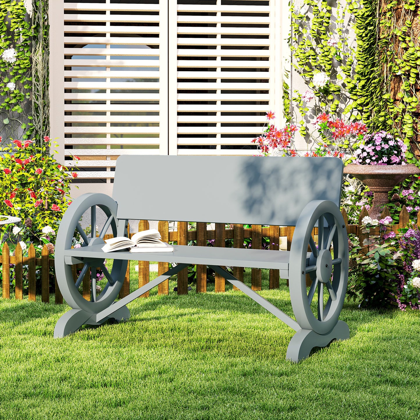 Outsunny Fir Wood Two Seater Outdoor Garden Bench With Wagon Wheel End Designs Grey Patio Furniture