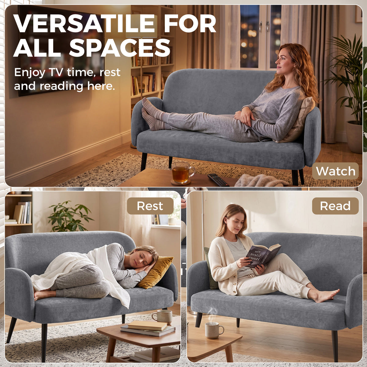 Light grey velvet sofa shown for lounging, with rounded arms and dark tapered legs