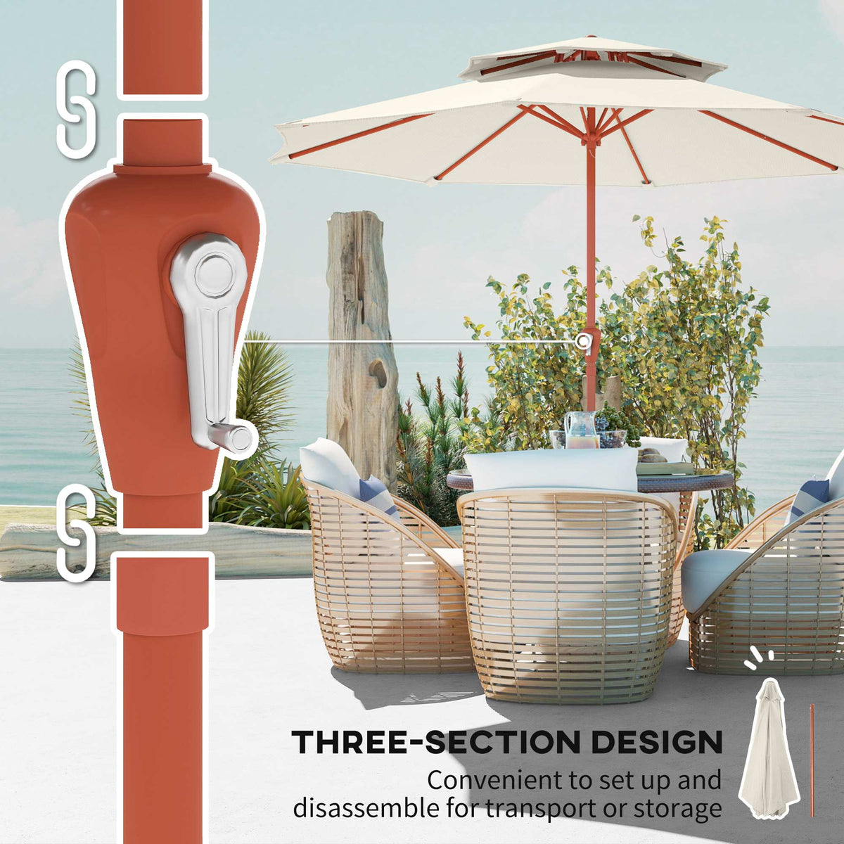 Cream parasol with orange crank pole, three-section design for easy transport and storage