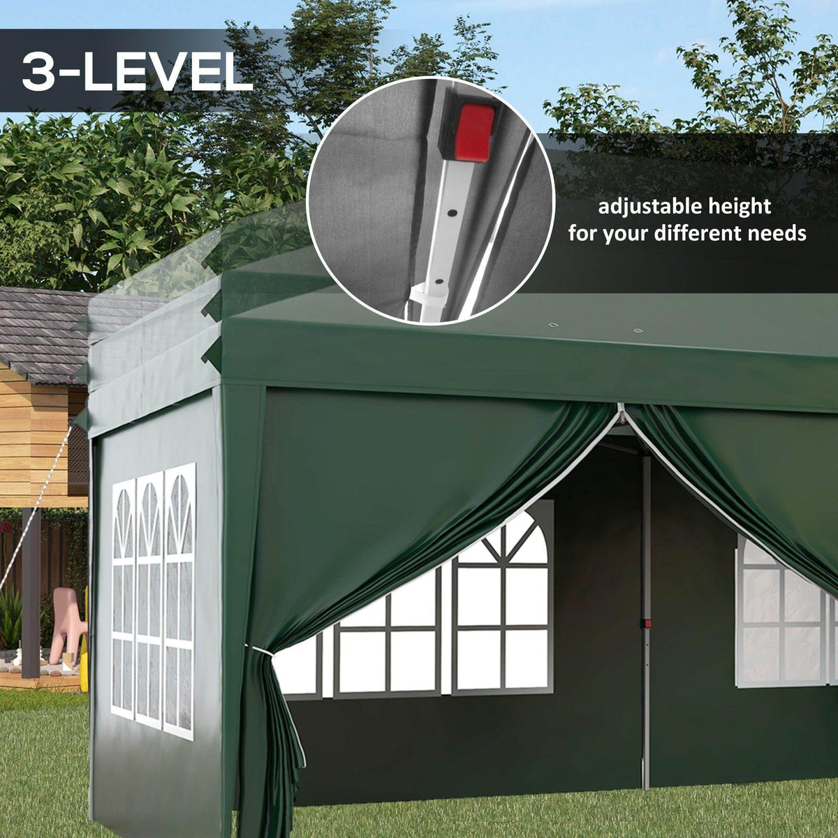 Green gazebo tent with adjustable height roof support and side windows