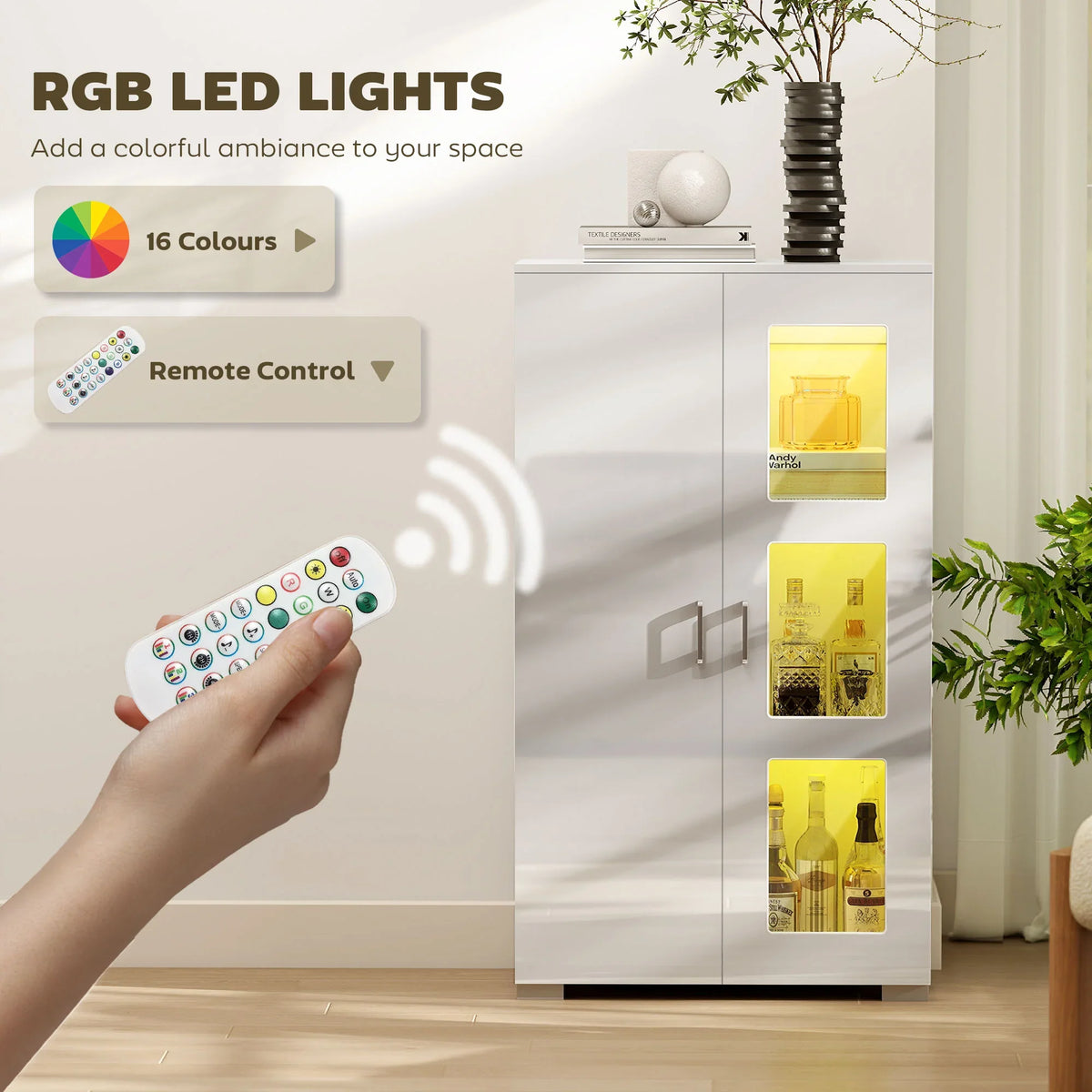 White cabinet with glass doors and RGB LED lights, remote control shows light options