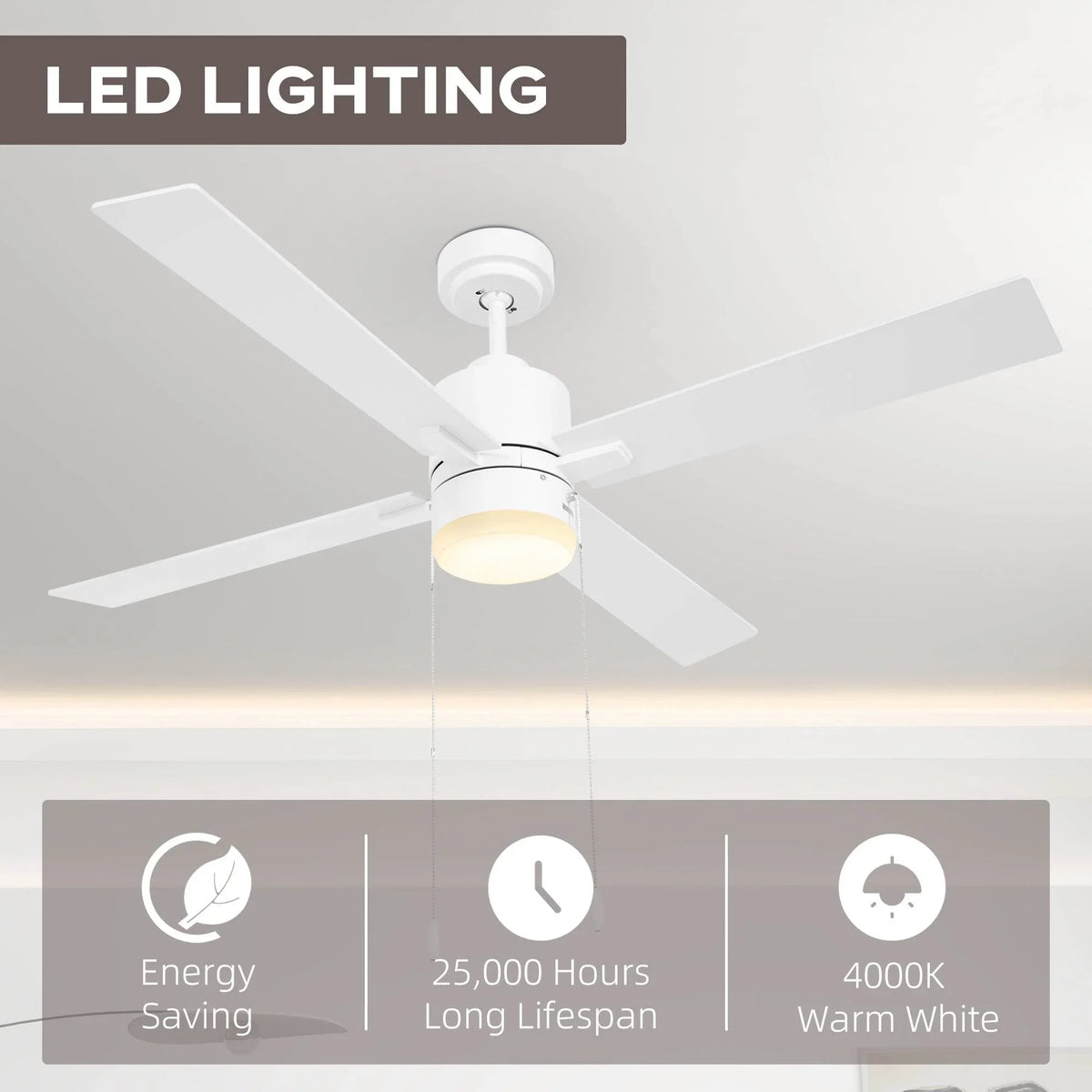 White flush-mount LED ceiling fan with integrated light and hanging pull cord