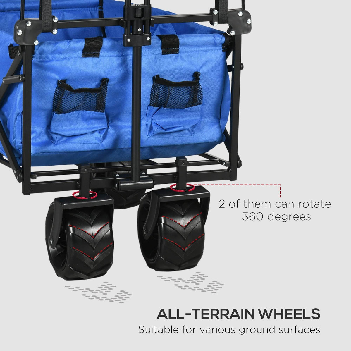Blue collapsible wagon with side storage panels and 360-degree rotating all-terrain wheels