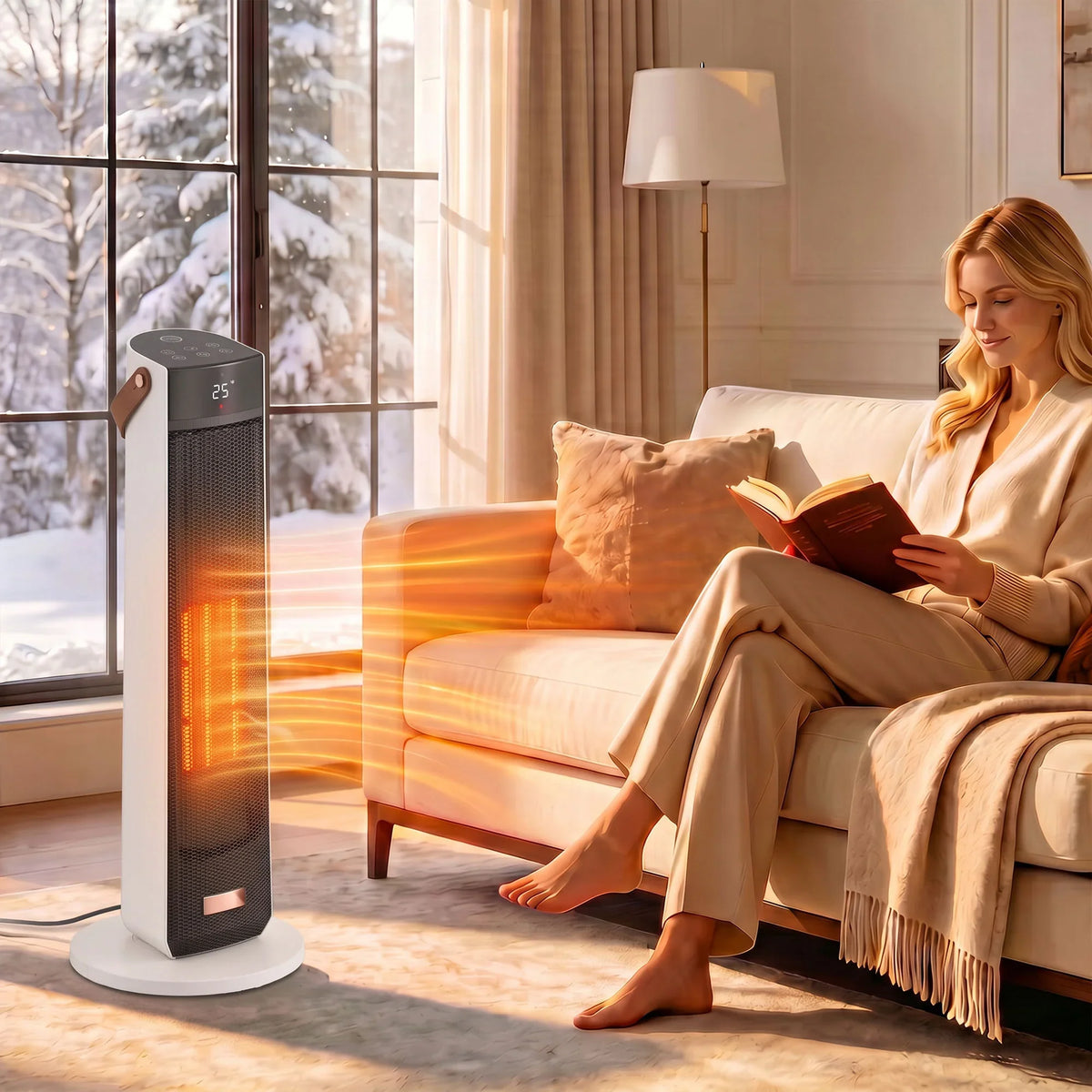 Portable ceramic tower heater with flame-effect glow beside sofa and large window