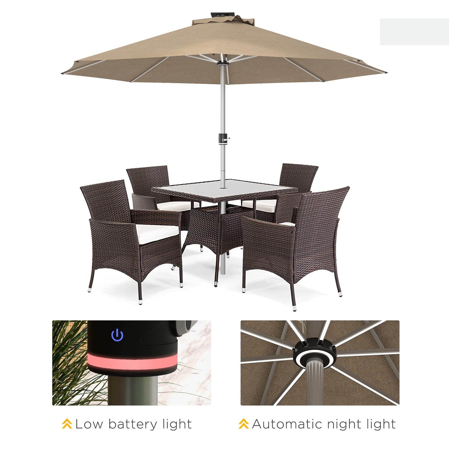 Khaki solar LED patio umbrella with low-battery and automatic night light indicators