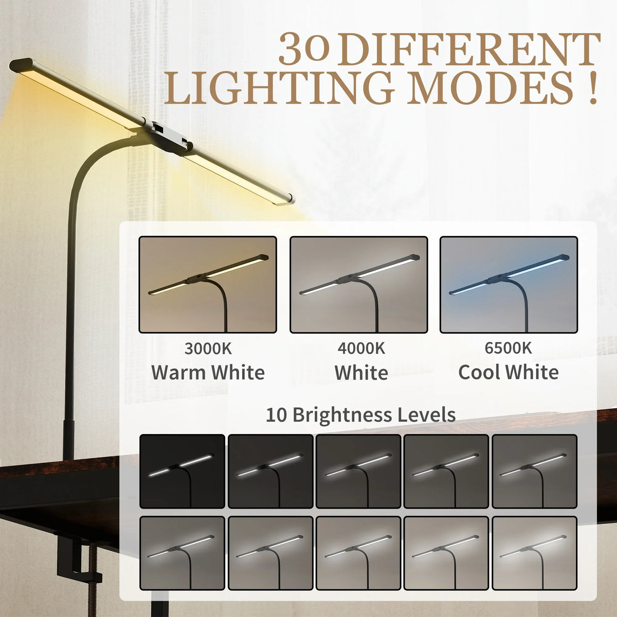 Black desk lamp with dual flexible arms and lighting mode selection panel