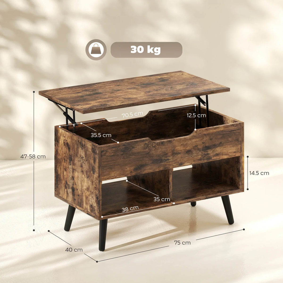 Rustic brown lift-top coffee table showing hidden lift compartment and side storage
