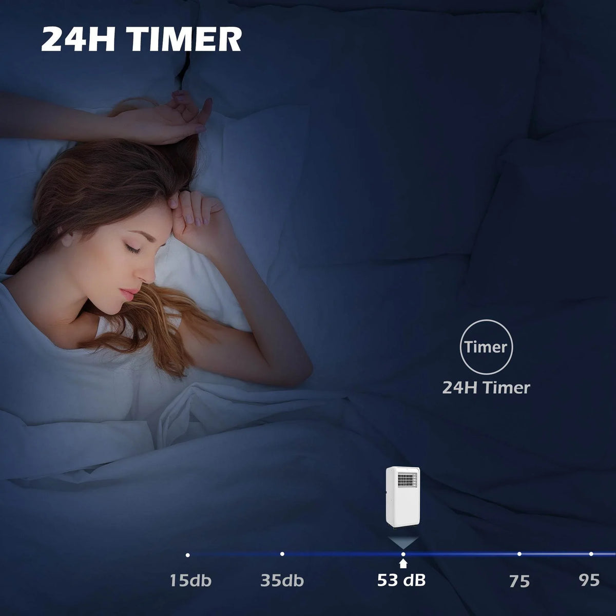 White portable air conditioner beside a bed with control indicator for timed operation