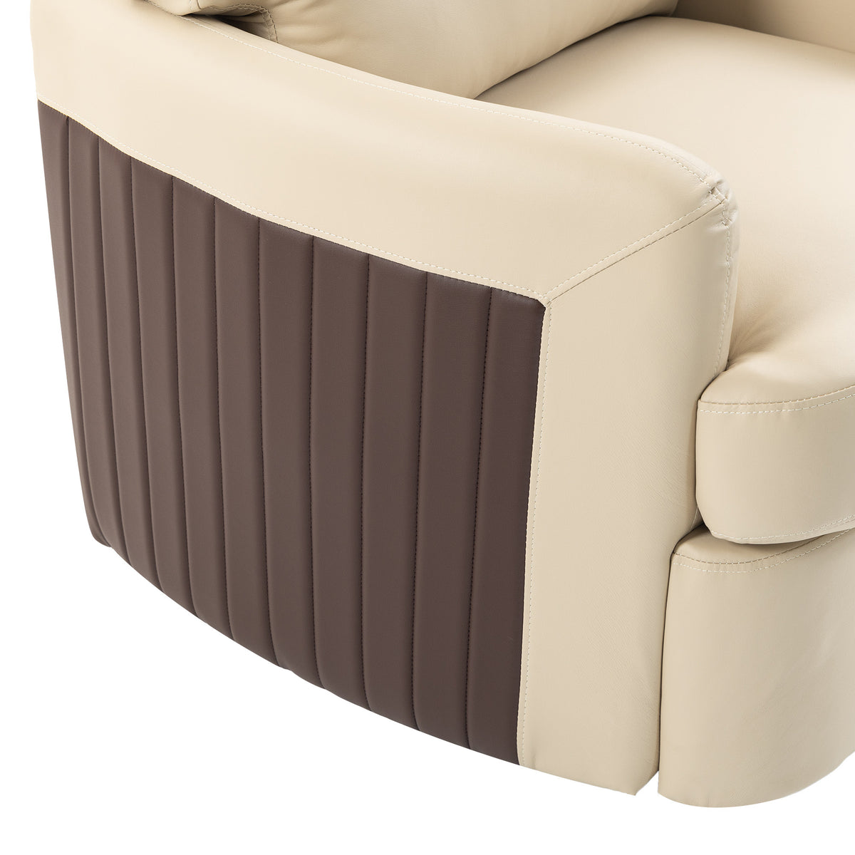 Cream faux leather accent chair with ribbed dark-brown side panel and padded arm