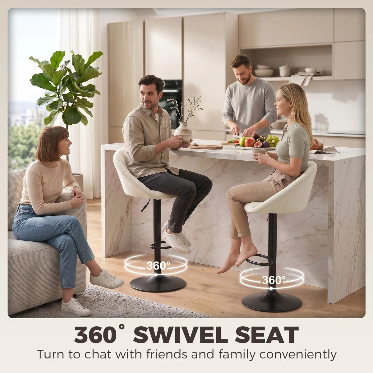 Set of two cream padded swivel bar stools with black bases and circular 360° turn base