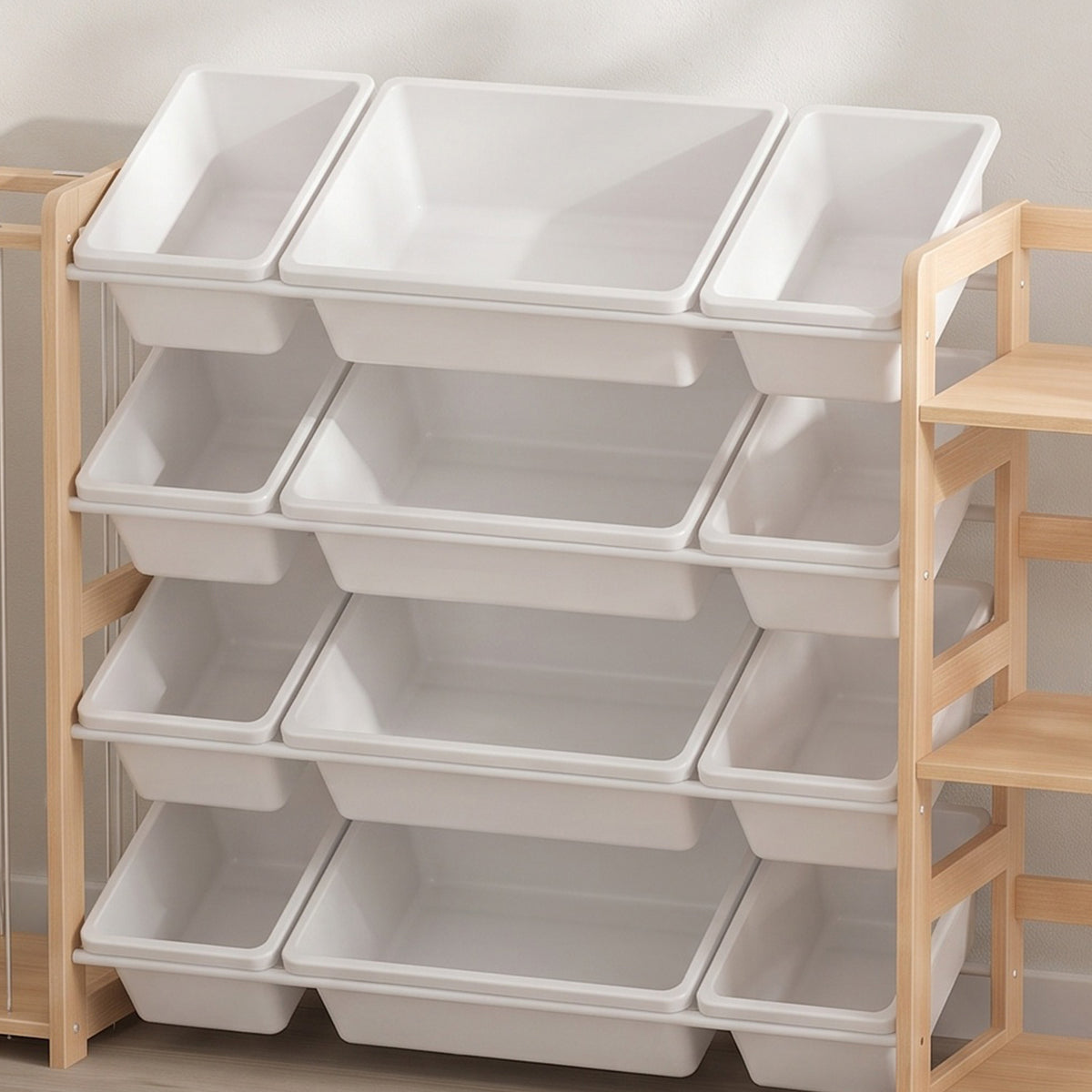 AIYAPLAY toy organizer shelves with multiple white plastic storage bins