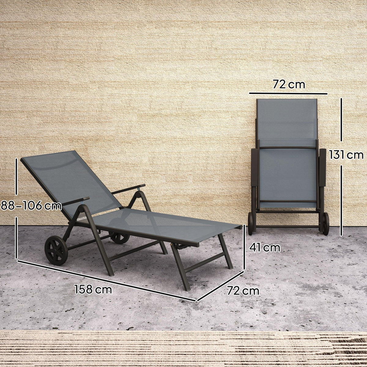 Grey sun lounger with five-position backrest and foldable frame, with size guide