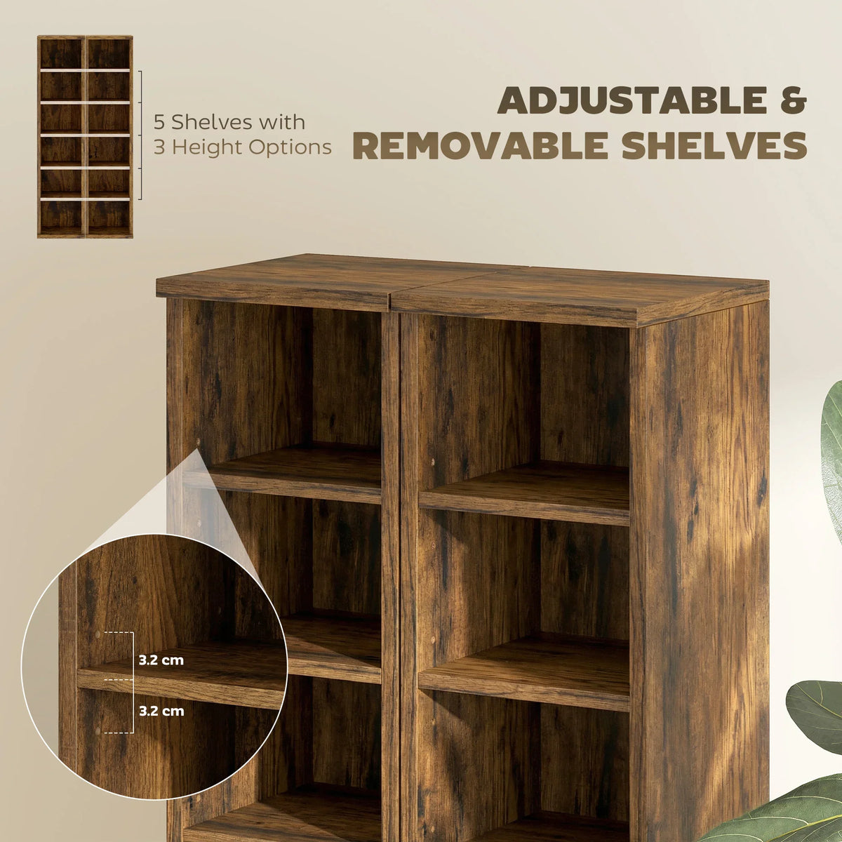 Rustic brown CD shelf tower with adjustable and removable interior shelves