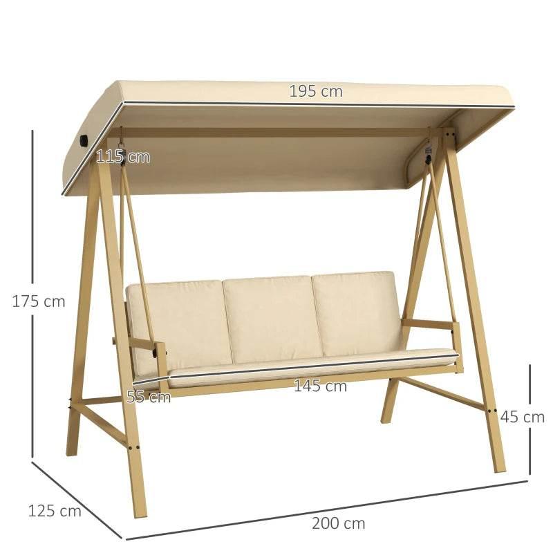 Beige three-seat garden swing chair with adjustable canopy and padded seat