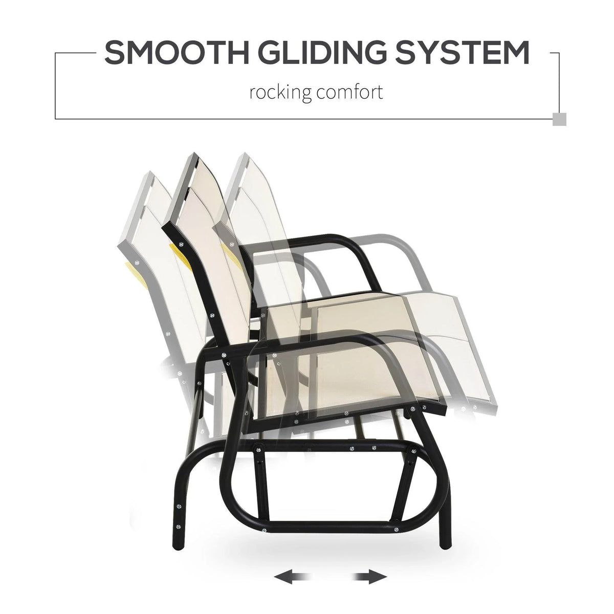 Beige mesh 2-person patio glider bench with smooth gliding mechanism and armrests