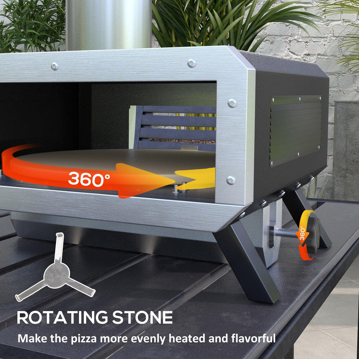 Portable wood-fired pizza oven featuring rotating stone with tri-stand base and handle