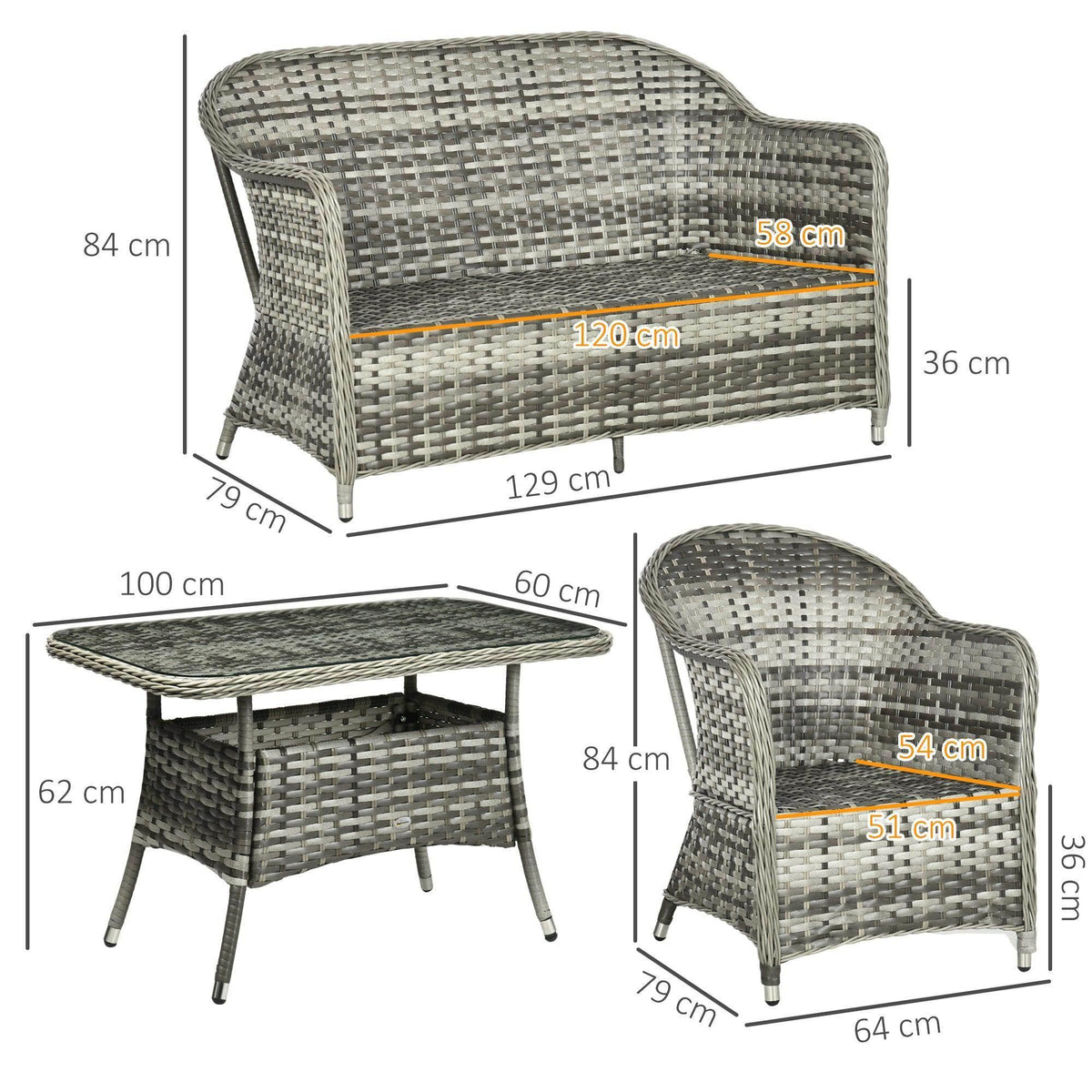 Gray rattan sofa and armchairs with padded cushions, with size dimensions