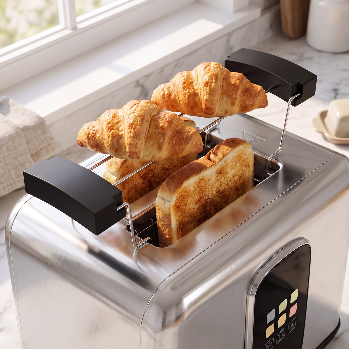 Stainless steel toaster with black lever and bread racks holding golden-brown pastries