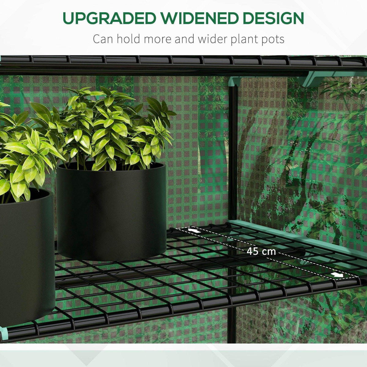 Green greenhouse interior with 5-tier black wire shelves and roll-up door frame