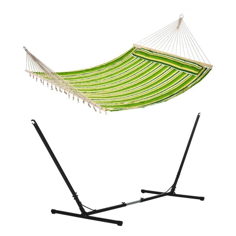 Green striped cotton hammock with rope and chain suspension and fringe ends, on stand