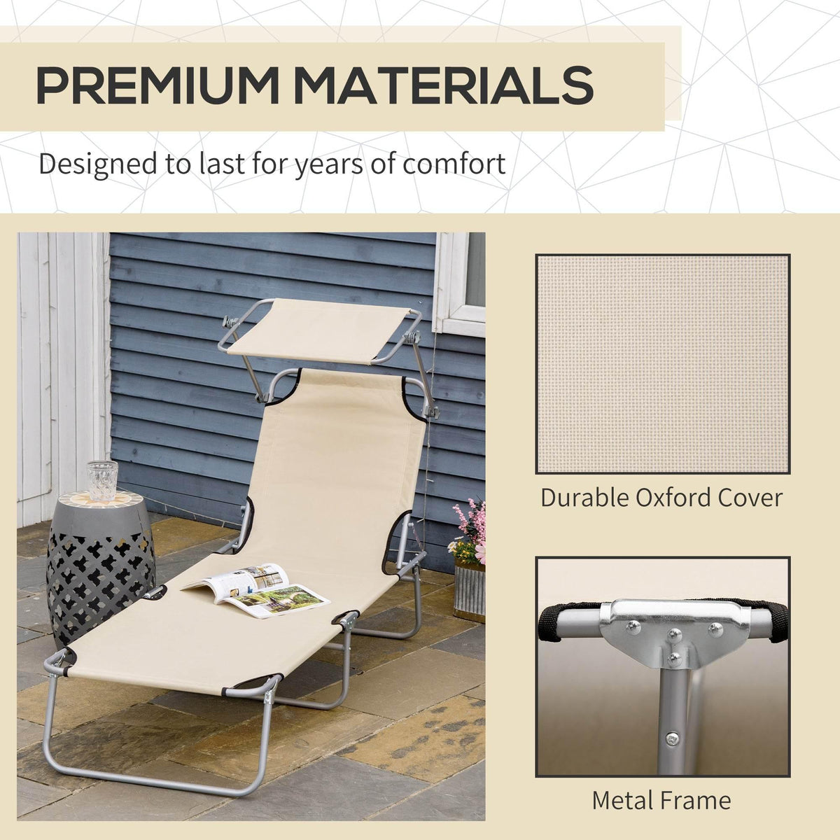 Beige folding sun lounger with durable Oxford cover and metal frame