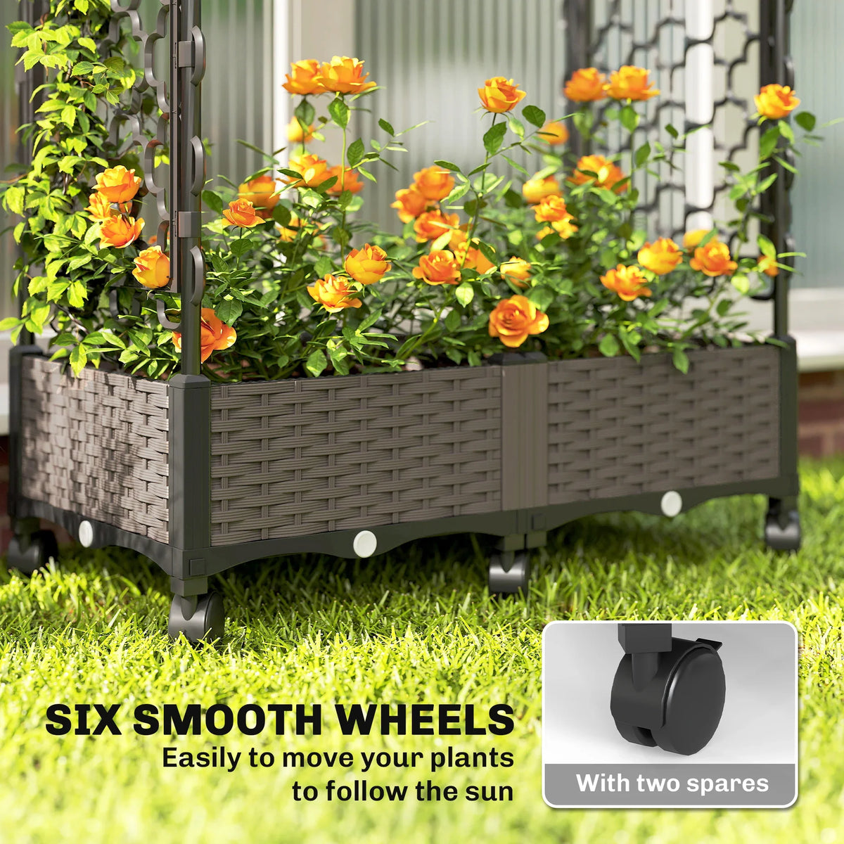 Dark gray woven raised planter box with caster wheels holding orange flowers, side trellis visible