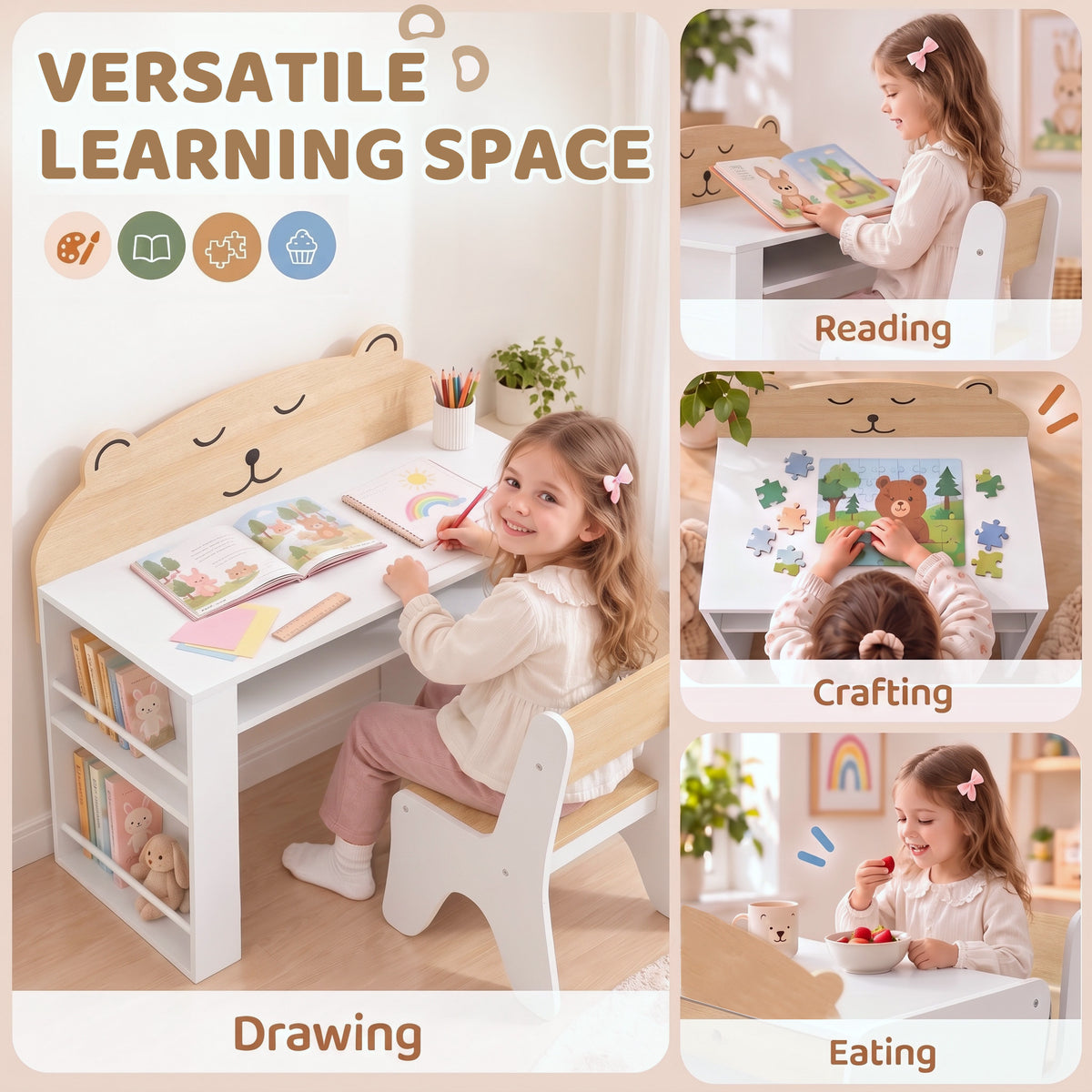 Bear-themed learning table with built-in organizer and matching kid chair