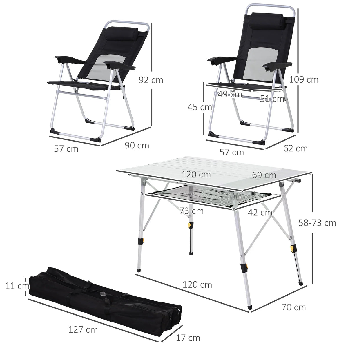 Folding camping table with two folding chairs and black storage backpack, folded view