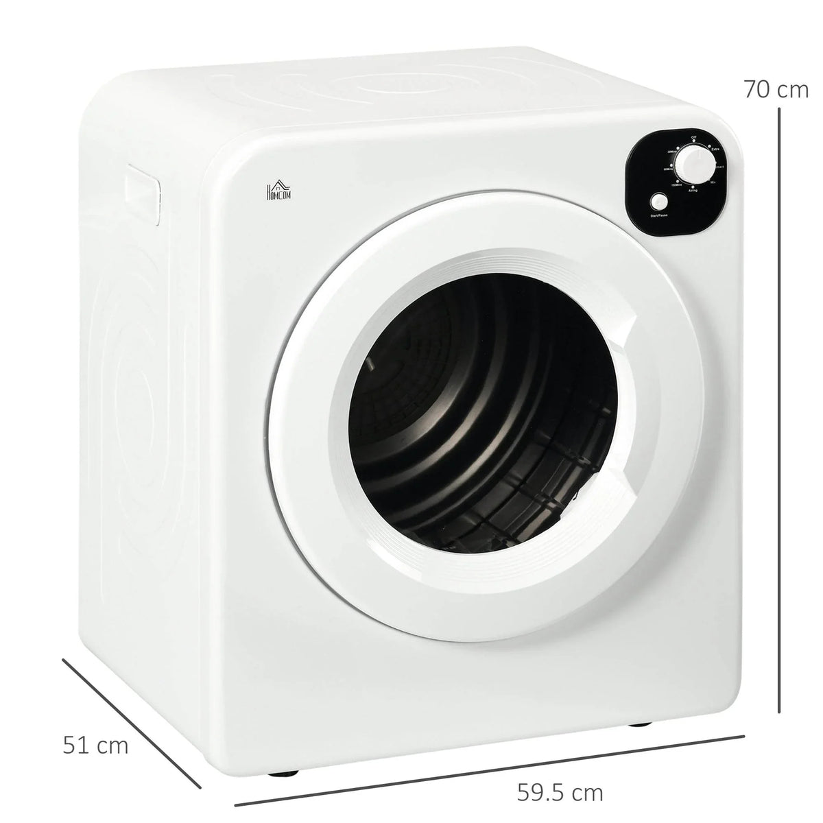 White compact tumble dryer with front door and dimensions 59.5 x 51 x 70 cm