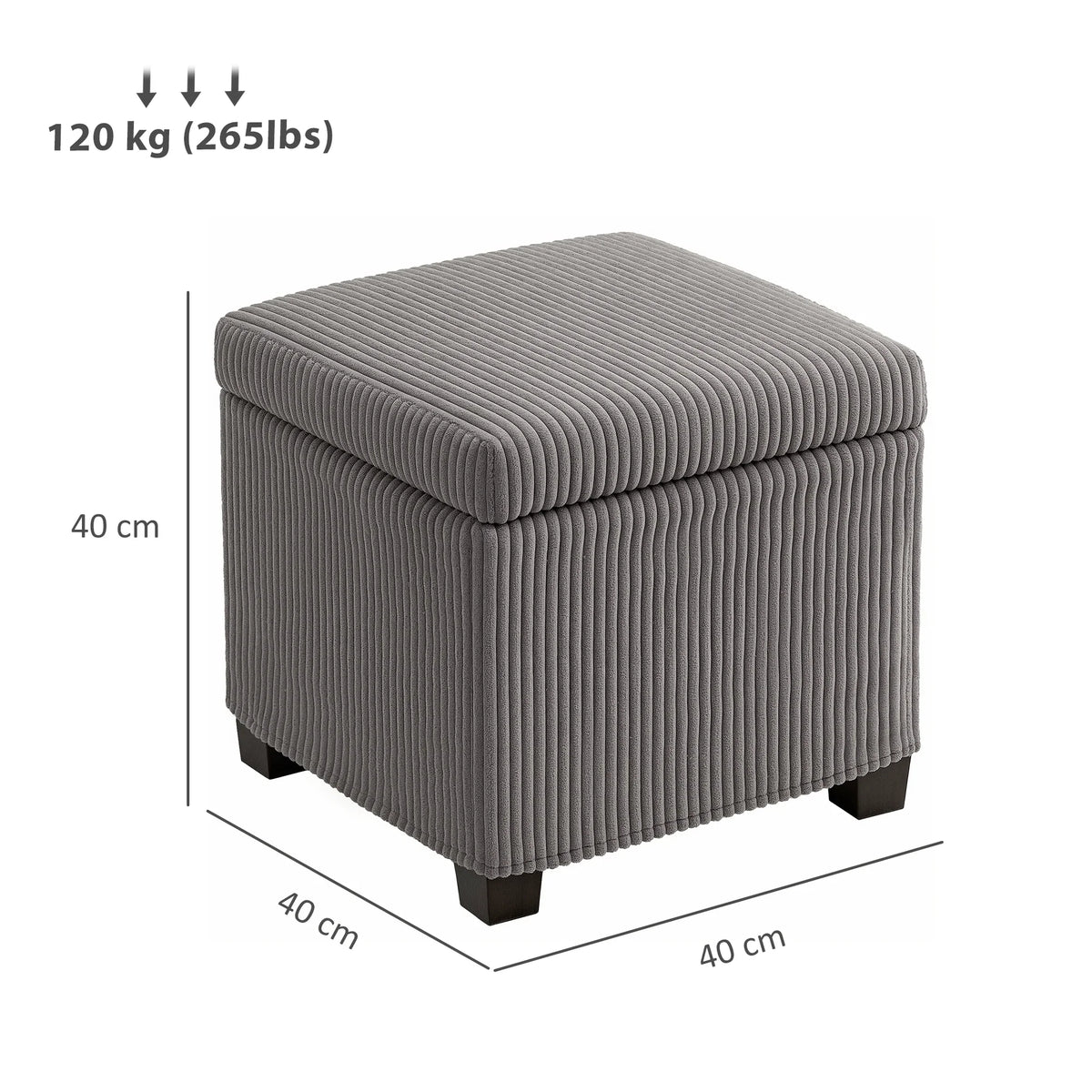 Grey corduroy storage ottoman bench with square lid and wooden block legs, 40 cm.