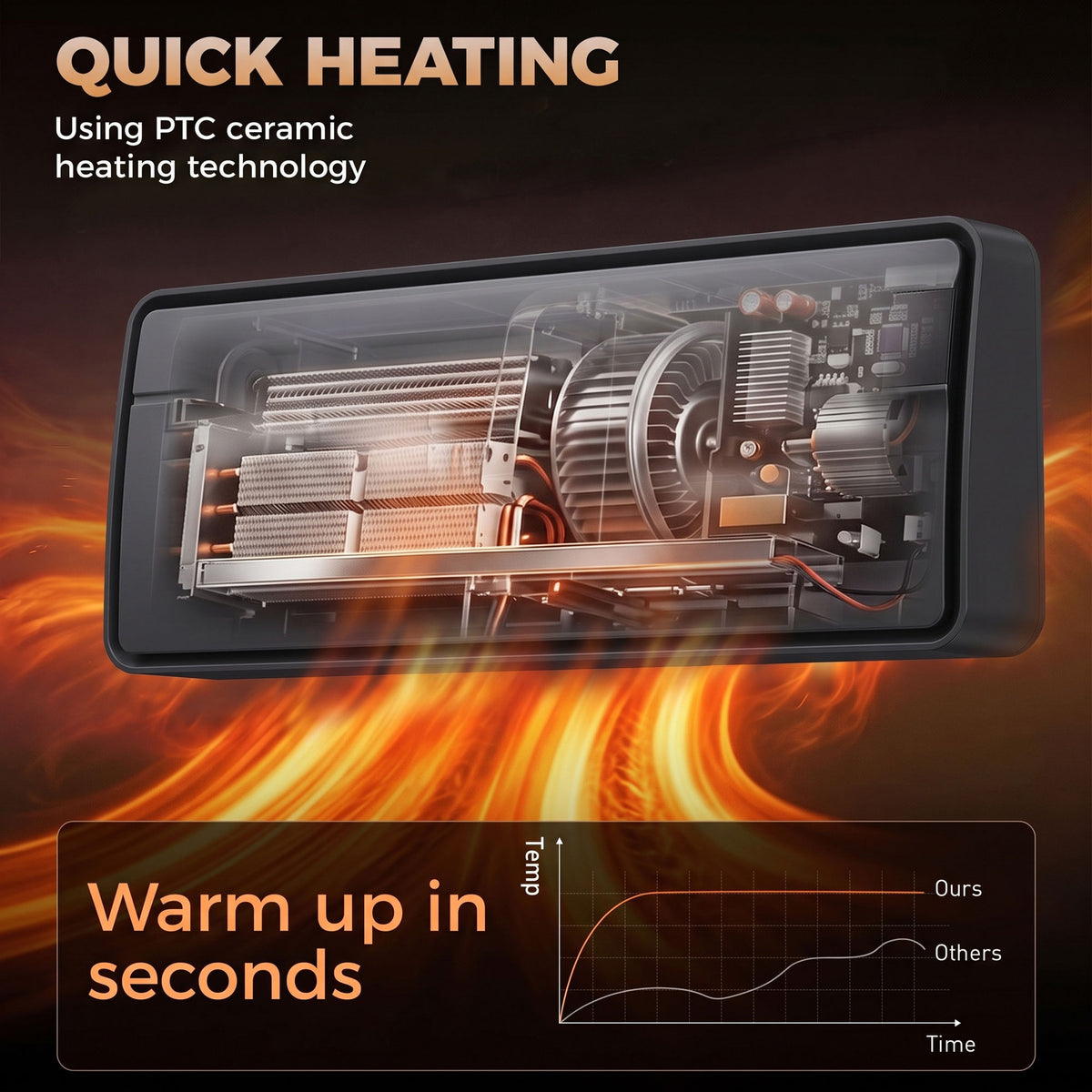 Black ceramic heater with transparent cover showing internal heating element and fan