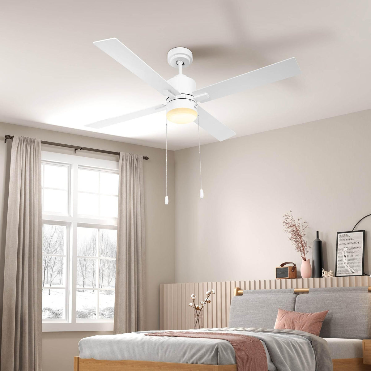 White flush-mount LED ceiling fan with reversible natural wood blades and pull chain