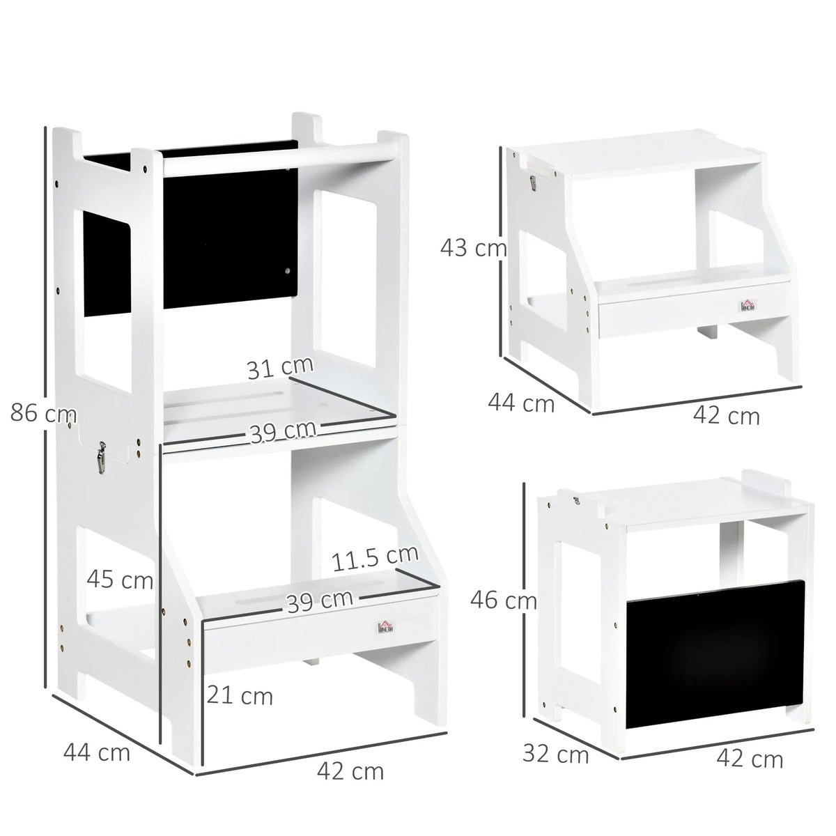 White 2-step toddler step stool, side view with open chalkboard panel