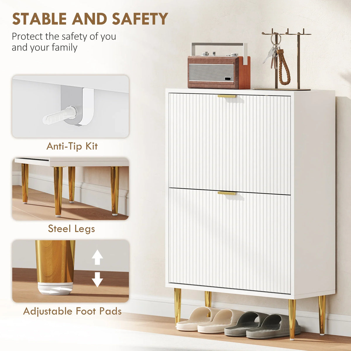 White shoe cabinet on gold legs with adjustable foot pads and anti-tip kit