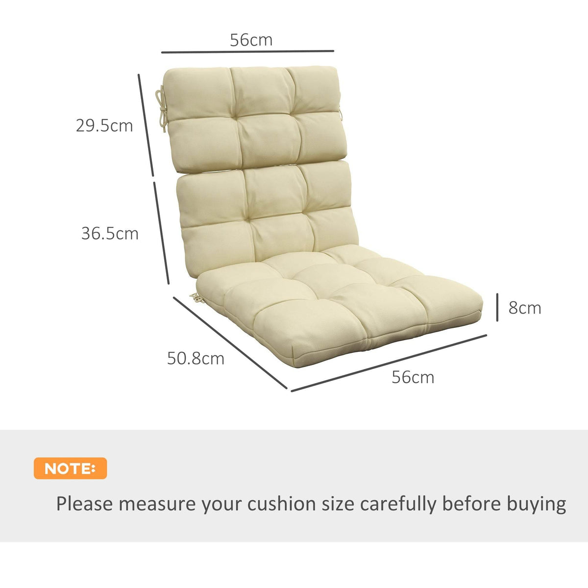 Beige chair cushion set with quilted design and shown product dimensions