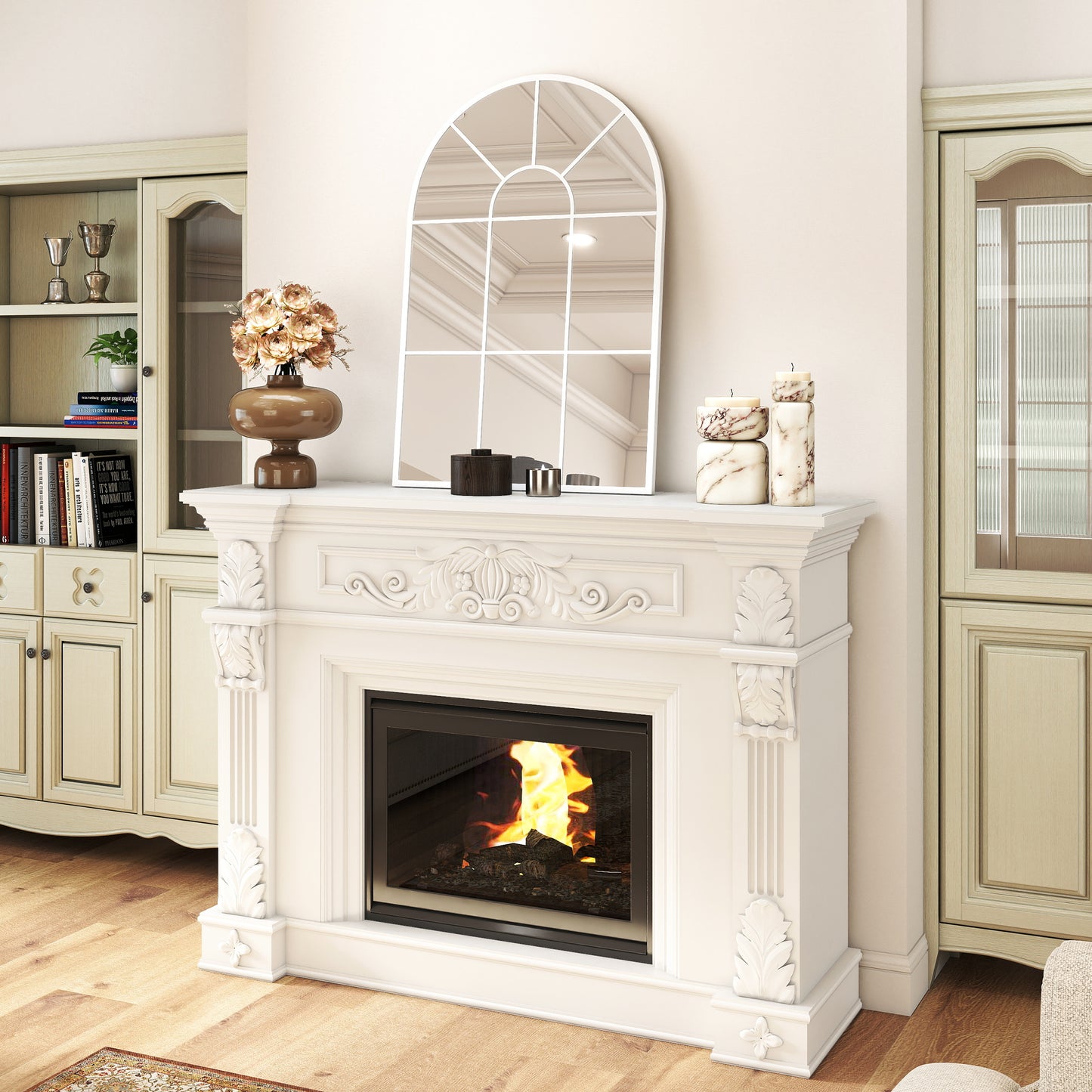 HOMCOM 90 x 61 cm Arched Grid Mirror White Wall Mounted With Metal Frame And Hooks
