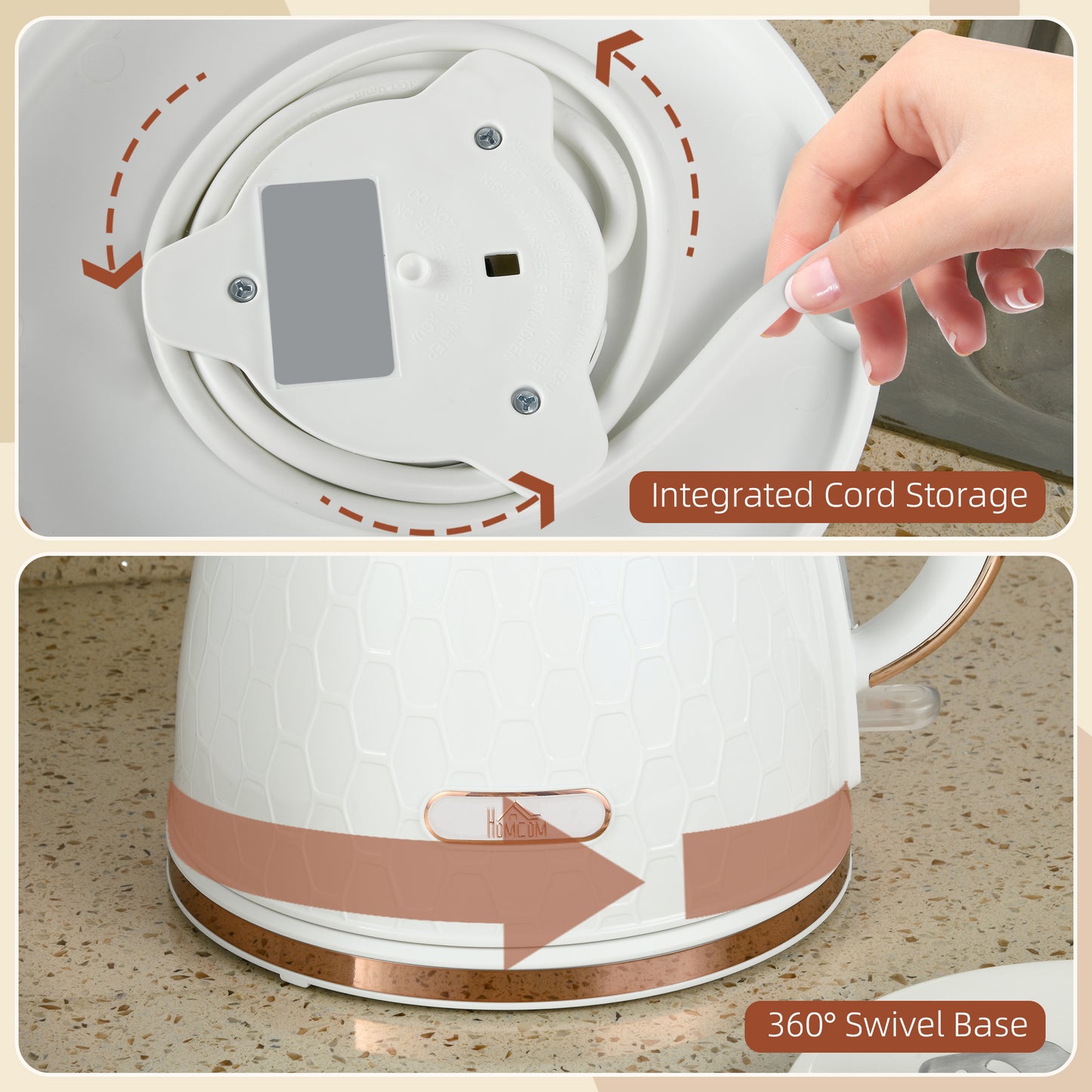 HOMCOM 3kW Rapid Boil Honeycomb Electric Kettle Cream Finish Fast Boiling Tea Coffee